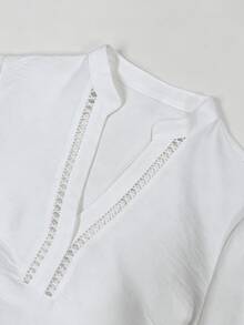 SHEIN Holidaya Women's Casual Elegant Commute Linen V-Neck Hollow Lace White Long Sleeve Blouse, Office Autumn - White - View 10