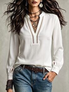 SHEIN Holidaya Women's Casual Elegant Commute Linen V-Neck Hollow Lace White Long Sleeve Blouse, Office Autumn - White - View 4