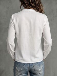 SHEIN Holidaya Women's Casual Elegant Commute Linen V-Neck Hollow Lace White Long Sleeve Blouse, Office Autumn - White - View 2
