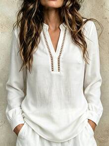 SHEIN Holidaya Women's Casual Elegant Commute Linen V-Neck Hollow Lace White Long Sleeve Blouse, Office Autumn - White - View 3