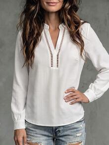 SHEIN Holidaya Women's Casual Elegant Commute Linen V-Neck Hollow Lace White Long Sleeve Blouse, Office Autumn - White - View 7