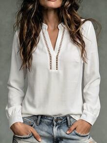 SHEIN Holidaya Women's Casual Elegant Commute Linen V-Neck Hollow Lace White Long Sleeve Blouse, Office Autumn - White - View 5