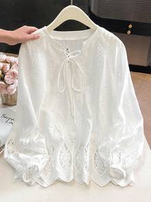 Lacomfia Women's Lace-Up Long Sleeve Embroidered Versatile Elegant Plus Size Blouse Fall - White - View 7