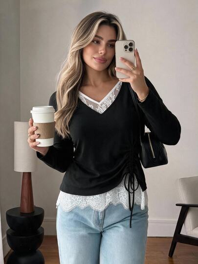Vionelle Women's Plus Size Casual Loose Knit Top Lace Fabric Patchwork Black And White Long Sleeve T-Shirt Versatile Elegant Formal Brunch Office Autumn