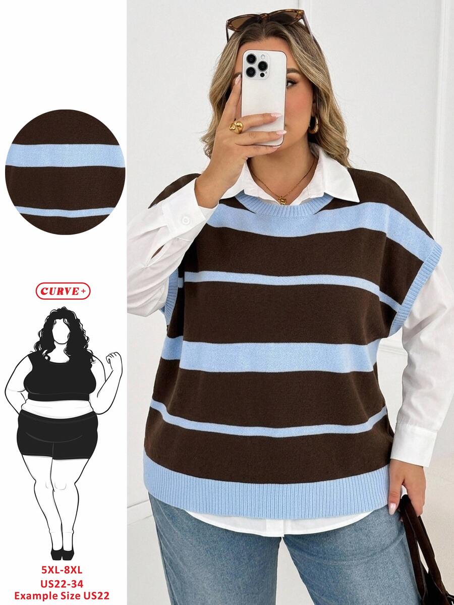 SHEIN CURVE+ 大尺碼秋冬保暖休閒 1960s 90s 針織上衣背心 2026 22W 校園學院風 棕色 - 彩色 - 查看 1