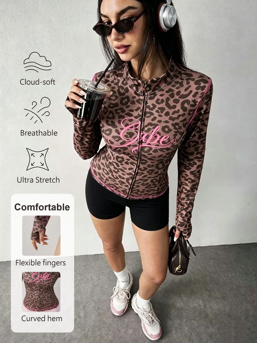 Dewbera Dewbera Women's Letter Leopard Print Long Sleeve Jacket For Autumn Running,Outdoor Exercise,Fitness Gym