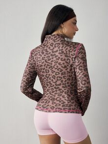 Dewbera Dewbera Women's Letter Leopard Print Long Sleeve Jacket For Autumn Running,Outdoor Exercise,Fitness Gym - Brown - View 3