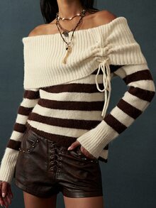 Bohemela Vintage French Elegant Contrast Stripe Cold Shoulder Drawstring Pullover Sweater Brunch Blue And White Striped Autumn - Multicolor - View 1