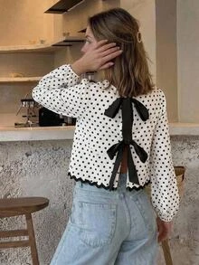 Serisse 女款波點圖案後綁帶喇叭袖時尚襯衫 - 黑與白 - 查看 3