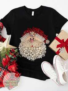 INAWLY [Printed Design] Santa Claus Faux Jewelry Print Round Neck T-Shirt, Christmas Gift - Black - View 6