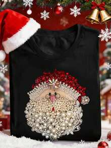 INAWLY [Printed Design] Santa Claus Faux Jewelry Print Round Neck T-Shirt, Christmas Gift - Black - View 5