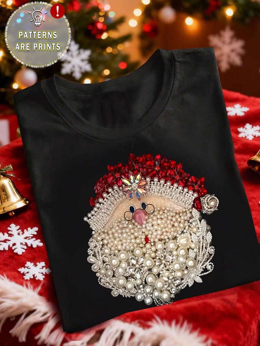INAWLY [Printed Design] Santa Claus Faux Jewelry Print Round Neck T-Shirt, Christmas Gift - Black - View 1