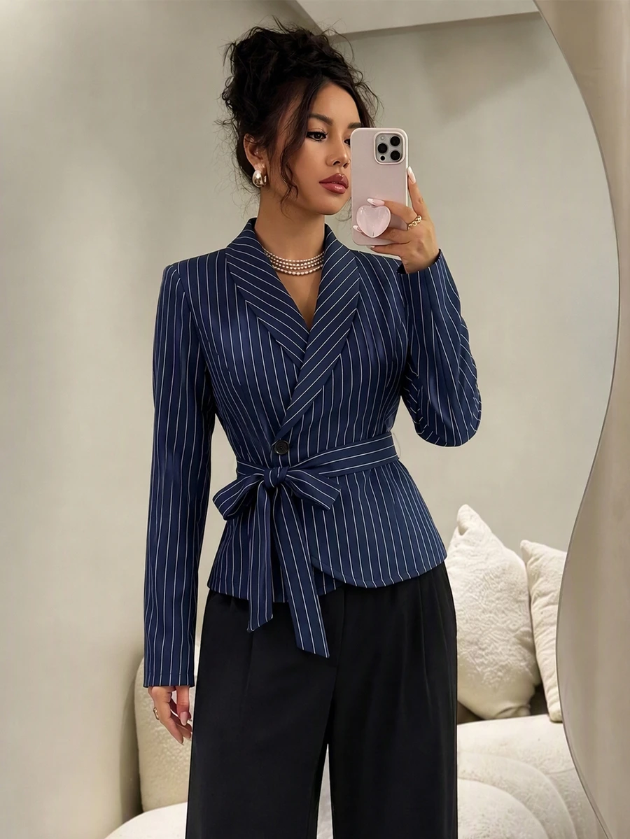 Modelyn Women's Navy Blue And White And Asymmetric Hem Waist-Cinched Tie-Waist Blouse Office Business Work Autumn Casual Professional Elegant Workwear