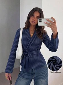 Modelyn Women's Navy Blue And White And Asymmetric Hem Waist-Cinched Tie-Waist Blouse Office Business Work Autumn Casual Professional Elegant Workwear - Blue - View 5