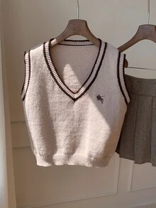 Comfortcana 女款刺繡撞色針織背心外套，復古學院風教師節教師穿搭淺棕色秋季 - 杏色 - 查看 4