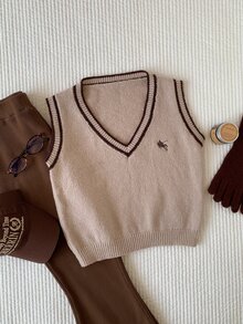 Comfortcana 女款刺繡撞色針織背心外套，復古學院風教師節教師穿搭淺棕色秋季 - 杏色 - 查看 6