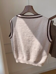Comfortcana 女款刺繡撞色針織背心外套，復古學院風教師節教師穿搭淺棕色秋季 - 杏色 - 查看 3