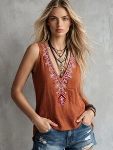 SHEIN 度假休閒熱帶波希米亞風 V 領刺繡無袖上衣 焦橙色 夏季度假 - 橘色 - 查看 2
