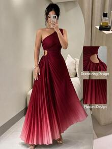 Modelyn 女款黃色無袖不對稱肩褶皺漸層色長洋裝 - 酒紅色 - 查看 1