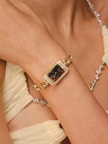 Glisma 1pc Women's Elegant Gold Bracelet Watch, Compact Durable Fashion Square Display, Charming Women's Gift, Suitable For Daily Wear - Gold - View 1