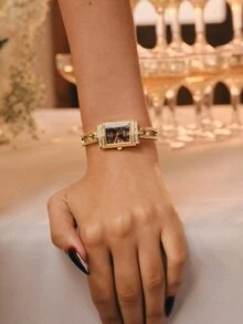 Glisma 1pc Women's Elegant Gold Bracelet Watch, Compact Durable Fashion Square Display, Charming Women's Gift, Suitable For Daily Wear - Gold - View 5