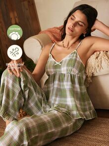 Lullawish Women's Casual Home Cotton Plaid Camisole & Long Pants Loungewear Set - Green - View 8