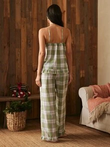 Lullawish Women's Casual Home Cotton Plaid Camisole & Long Pants Loungewear Set - Green - View 2
