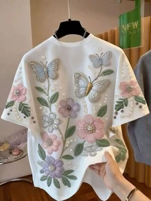 Franclia [印花設計] 女款蝴蝶與花卉印花短袖T恤，夏季 - 彩色 - 查看 3