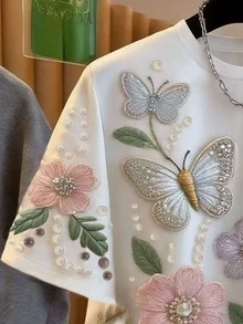 Franclia [印花設計] 女款蝴蝶與花卉印花短袖T恤，夏季 - 彩色 - 查看 5