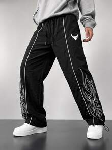 GymRaken Men's Flame Print Drawstring Waist Loose Fit Sweatpants, Gym - Black - View 1
