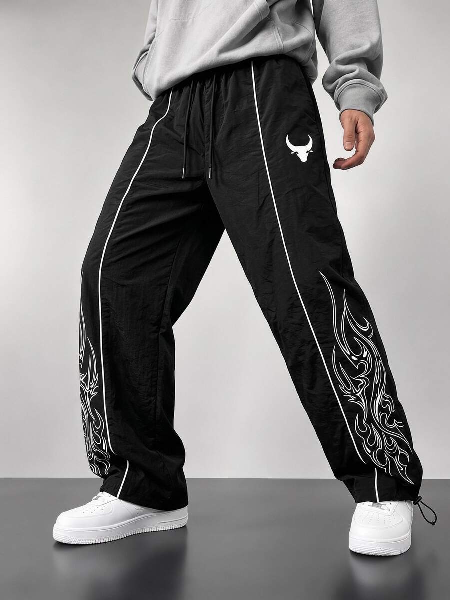 GymRaken Men's Flame Print Drawstring Waist Loose Fit Sweatpants, Gym - Black - View 1