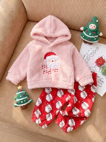 SHEIN Playful Pals 2件組幼兒女嬰連帽褲套裝 可愛粉紅紅聖誕老人貼布 毛茸茸長袖連帽加厚休閒裝 秋冬節日款 鬆緊腰毛絨 - 紅色 - 查看 8