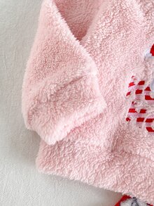 SHEIN Playful Pals 2件組幼兒女嬰連帽褲套裝 可愛粉紅紅聖誕老人貼布 毛茸茸長袖連帽加厚休閒裝 秋冬節日款 鬆緊腰毛絨 - 紅色 - 查看 12