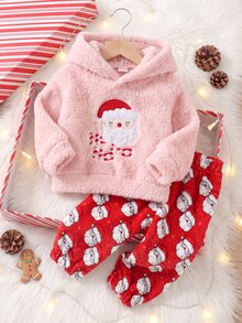 SHEIN Playful Pals 2件組幼兒女嬰連帽褲套裝 可愛粉紅紅聖誕老人貼布 毛茸茸長袖連帽加厚休閒裝 秋冬節日款 鬆緊腰毛絨 - 紅色 - 查看 7