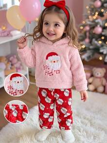 SHEIN Playful Pals 2件組幼兒女嬰連帽褲套裝 可愛粉紅紅聖誕老人貼布 毛茸茸長袖連帽加厚休閒裝 秋冬節日款 鬆緊腰毛絨 - 紅色 - 查看 3