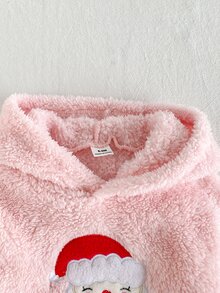 SHEIN Playful Pals 2件組幼兒女嬰連帽褲套裝 可愛粉紅紅聖誕老人貼布 毛茸茸長袖連帽加厚休閒裝 秋冬節日款 鬆緊腰毛絨 - 紅色 - 查看 9