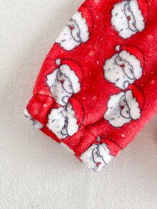SHEIN Playful Pals 2件組幼兒女嬰連帽褲套裝 可愛粉紅紅聖誕老人貼布 毛茸茸長袖連帽加厚休閒裝 秋冬節日款 鬆緊腰毛絨 - 紅色 - 查看 5