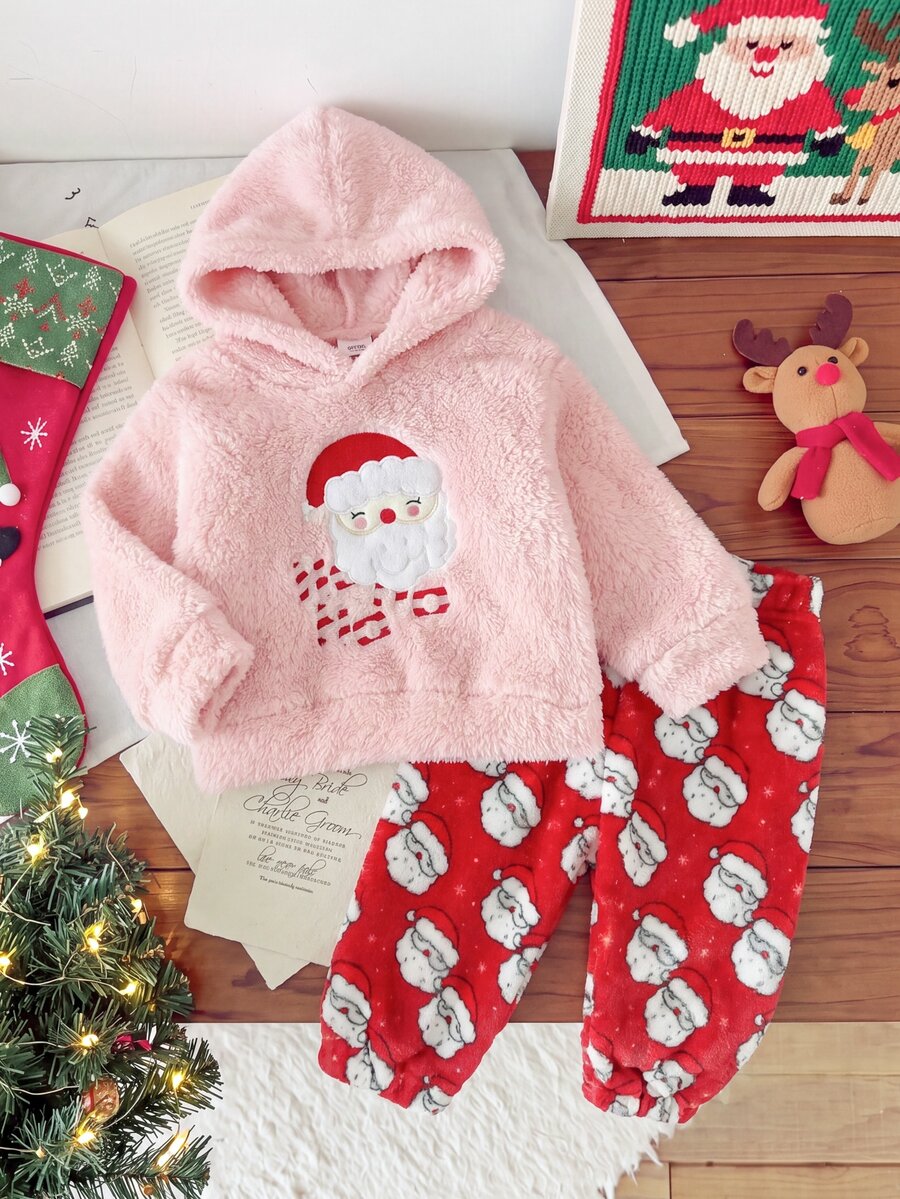 SHEIN Playful Pals 2件組幼兒女嬰連帽褲套裝 可愛粉紅紅聖誕老人貼布 毛茸茸長袖連帽加厚休閒裝 秋冬節日款 鬆緊腰毛絨 - 紅色 - 查看 1
