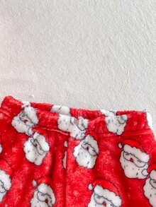 SHEIN Playful Pals 2件組幼兒女嬰連帽褲套裝 可愛粉紅紅聖誕老人貼布 毛茸茸長袖連帽加厚休閒裝 秋冬節日款 鬆緊腰毛絨 - 紅色 - 查看 4