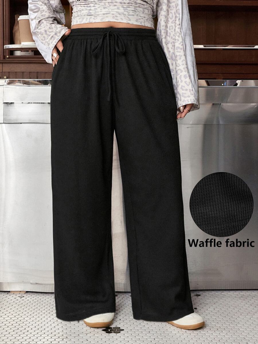 Muchica Women's Plus Size Summer Silk Ultra-Thin Functional Knit Ribbed Fabric Skin-Friendly Smooth Non-Linting Solid Color Daily Sports Basic Casual With Pockets Front Drawstring Elastic Waist High Waist Slimming Straight Leg Loose Fit Long Pants - Black - View 1