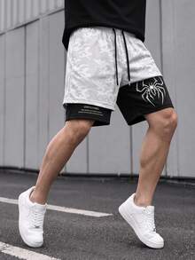 Sport MetroGents Men's Drawstring Waist Spider Pattern Casual Versatile Double Layer Sports Shorts, Gym - Grey - View 1