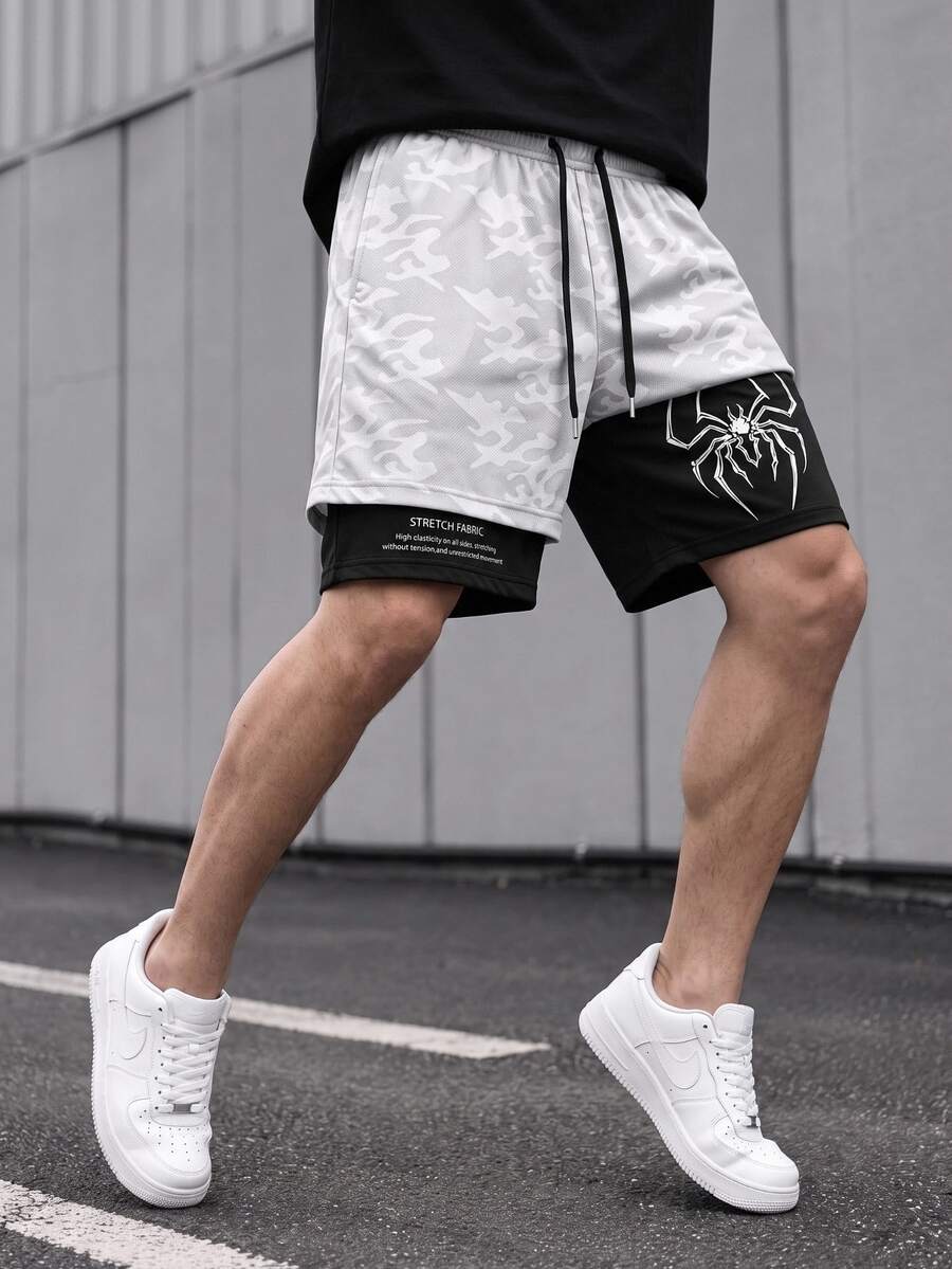 Sport MetroGents Men's Drawstring Waist Spider Pattern Casual Versatile Double Layer Sports Shorts, Gym - Grey - View 1