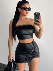 SHEIN SXY Summer Plush Trimmed PU Leather Strapless Black Top - Black - View 2