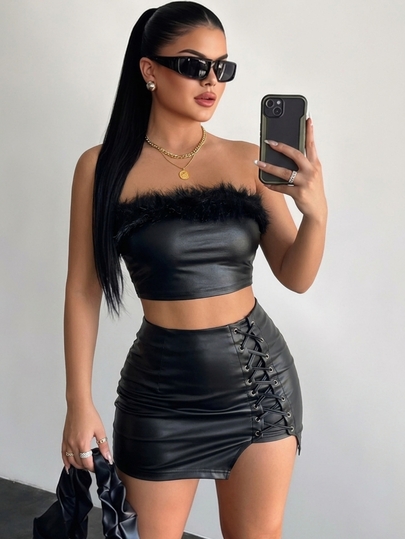 SHEIN SXY Summer Plush Trimmed PU Leather Strapless Black Top