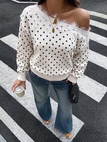 Siren Gaze 秋季新款女款不對稱肩蕾絲拼接波點圖案毛衣，適合早午餐，白色與黑色波點，浪漫優雅 - 杏色 - 查看 5