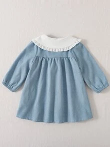 SHEIN Playful Pals 1件女嬰長袖洋裝，甜美藍色蝴蝶花卉刺繡，荷葉邊蝴蝶結彈性袖口，彼得潘領，正裝，生日秋季婚禮賓客可愛款 - 藍色 - 查看 2