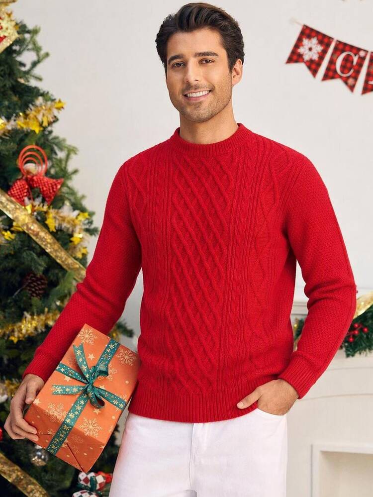 HIMLAND Fashion Men's Cable Knit Stand Collar Long Sleeve Versatile Sweater - Red - View 1
