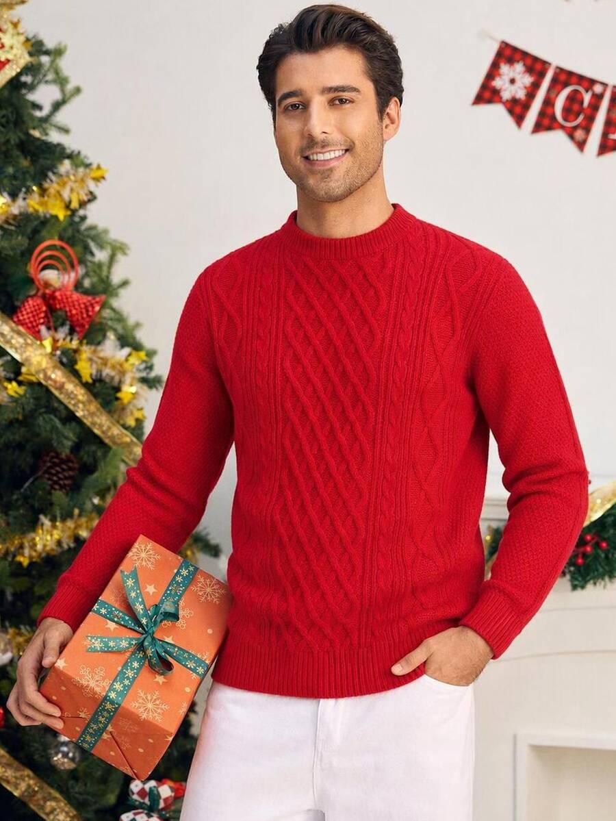 HIMLAND 時尚男士粗繩編織立領長袖百搭毛衣 - 紅色 - 查看 1