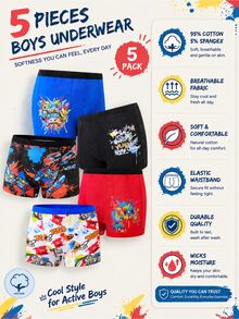 SHEIN 5pcs Boys All Season Cotton Comfortable Cute Colorful Multi-Pattern Game Console & Game Controller Print Boxer Briefs Autumn Winter - Multicolor - View 3