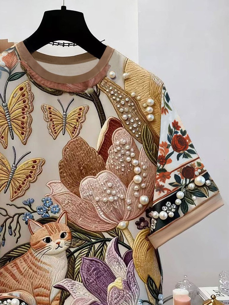 Resyla [Printed Design] Floral Print Round Neck Short Sleeve T-Shirt, Summer - Multicolor - View 5